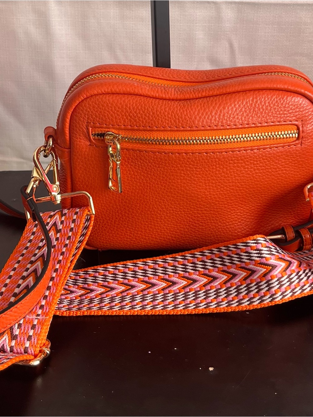 Women's Pom Pom London Orange Pebbled Leather Crossbody Bag with Gold Zipper
